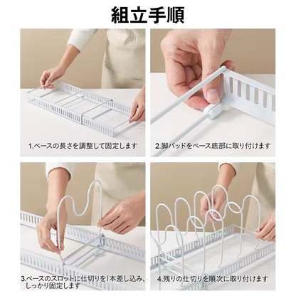 伸縮式 フライパンスタンド フライパンラック キッチン収納ラック 鍋ふたスタンド フライパン収納 まな板 皿立て 引き出し 戸棚下 シンク下 省スペース 立てる収納 仕切り調整 工具不要