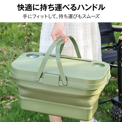 折りたたみバスケット テーブル付き 収納ボックス キャンプ 大容量 ふた付き 持ち手付き コンパクト アウトドア ピクニック 保冷 バケツ クーラーバスケット ミニテーブル スマホスタンド