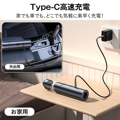 コードレスハンディクリーナー 掃除機 車載掃除機 ハンディ掃除機 200W 強力吸引 340g 軽量 Type-C充電 2段階モード 高密度フィルター水洗い ノズル付 すき間掃除 送風ノズル 車内 家庭兼用