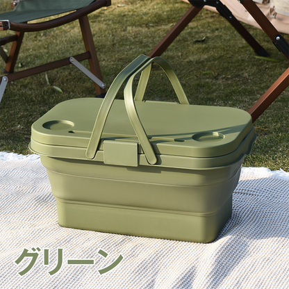 折りたたみバスケット テーブル付き 収納ボックス キャンプ 大容量 ふた付き 持ち手付き コンパクト アウトドア ピクニック 保冷 バケツ クーラーバスケット ミニテーブル スマホスタンド