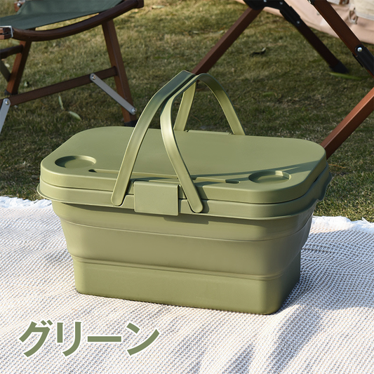 折りたたみバスケット テーブル付き 収納ボックス キャンプ 大容量 ふた付き 持ち手付き コンパクト アウトドア ピクニック 保冷 バケツ クーラーバスケット ミニテーブル スマホスタンド