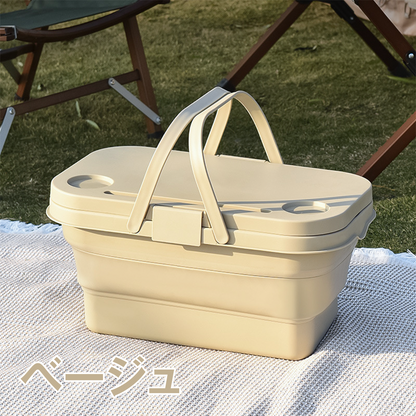 折りたたみバスケット テーブル付き 収納ボックス キャンプ 大容量 ふた付き 持ち手付き コンパクト アウトドア ピクニック 保冷 バケツ クーラーバスケット ミニテーブル スマホスタンド
