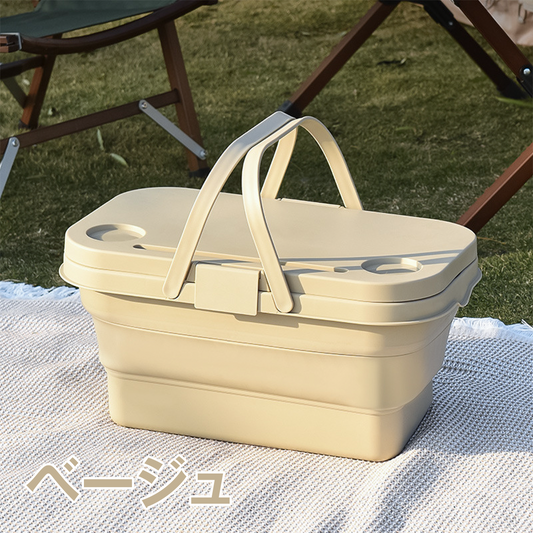 折りたたみバスケット テーブル付き 収納ボックス キャンプ 大容量 ふた付き 持ち手付き コンパクト アウトドア ピクニック 保冷 バケツ クーラーバスケット ミニテーブル スマホスタンド
