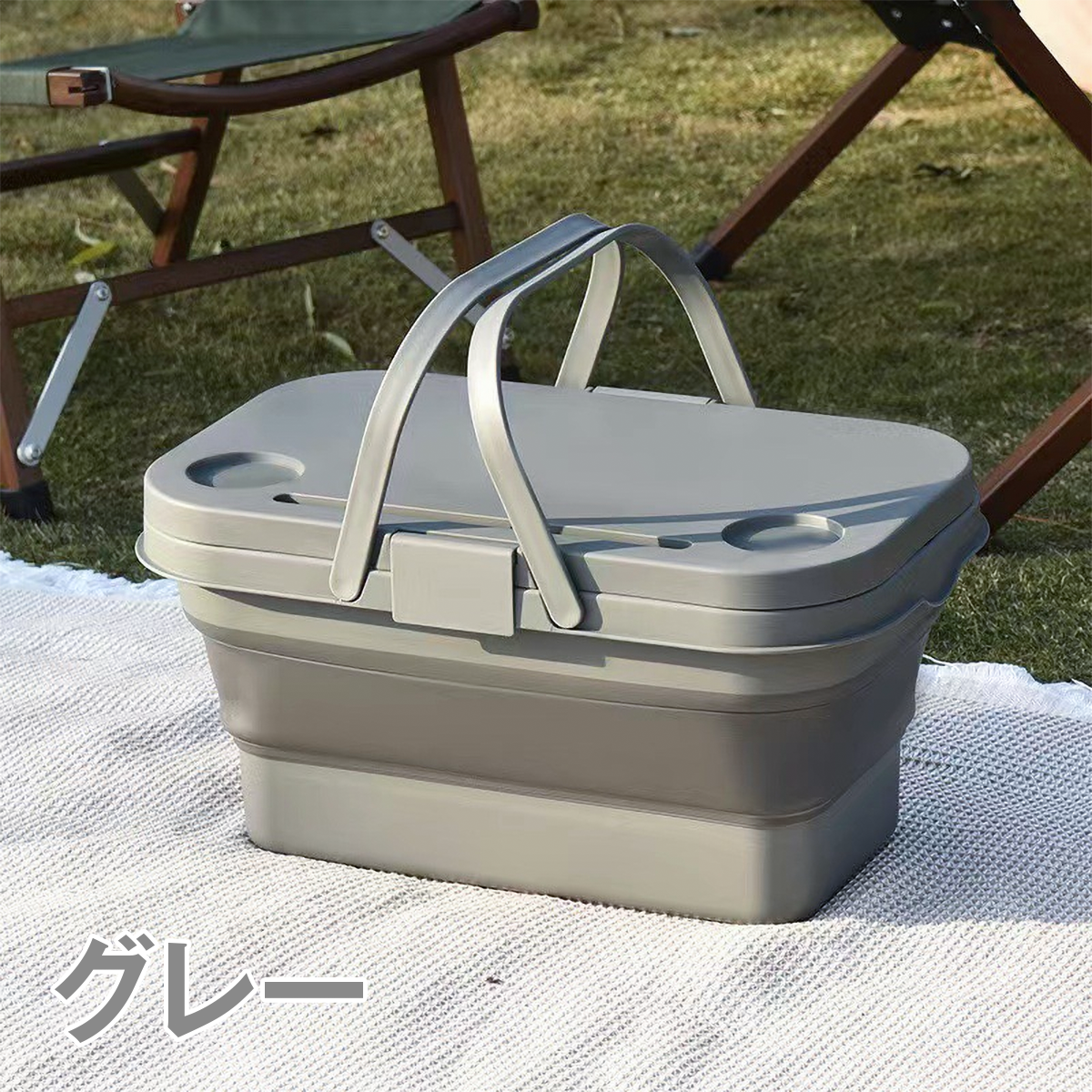 折りたたみバスケット テーブル付き 収納ボックス キャンプ 大容量 ふた付き 持ち手付き コンパクト アウトドア ピクニック 保冷 バケツ クーラーバスケット ミニテーブル スマホスタンド