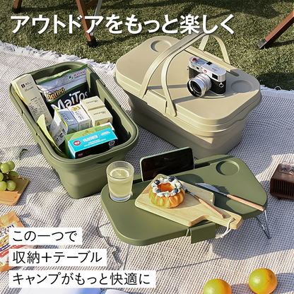 折りたたみバスケット テーブル付き 収納ボックス キャンプ 大容量 ふた付き 持ち手付き コンパクト アウトドア ピクニック 保冷 バケツ クーラーバスケット ミニテーブル スマホスタンド
