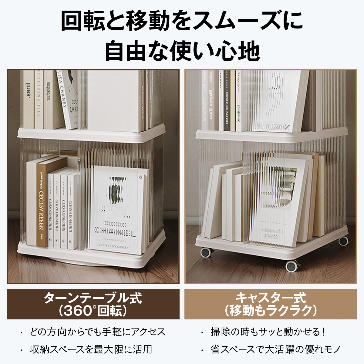 回転式本棚 ブックタワー 360度 回転ラック スリム 省スペース 2～5段選択 キャスター付き 回転ベース 丸型 四角型 透明 収納棚 コミック 絵本 雑誌 CD おもちゃ ディスプレイ 組立簡単 工具不要