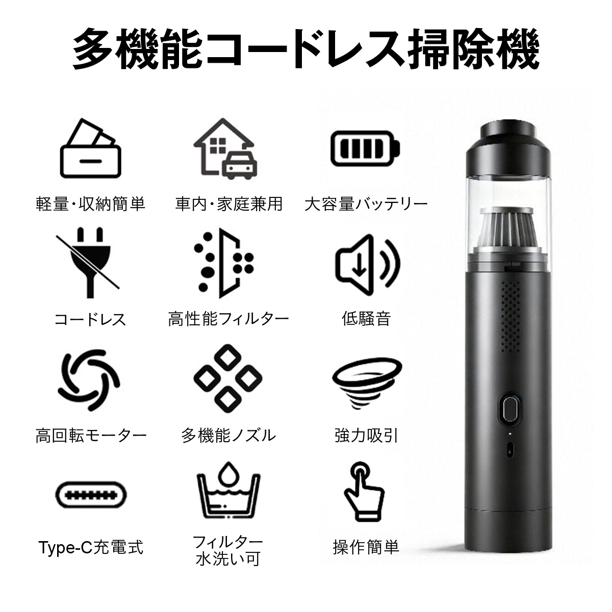 コードレスハンディクリーナー 掃除機 車載掃除機 ハンディ掃除機 200W 強力吸引 340g 軽量 Type-C充電 2段階モード 高密度フィルター水洗い ノズル付 すき間掃除 送風ノズル 車内 家庭兼用