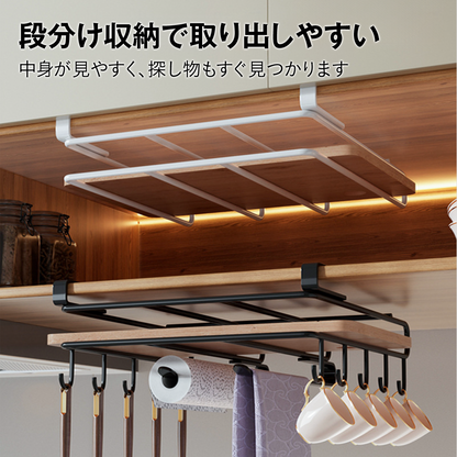 まな板ラック 吊り 戸棚 まな板ラック付き 吊り下げ式 まな板スタンド スリム 穴あけ不要 吊り下げ収納 棚下ラック 戸棚下 まな板置き 鍋ふた スリム 省スペース キッチン収納 フック付き