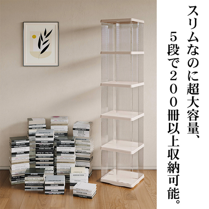 回転式本棚 ブックタワー 360度 回転ラック スリム 省スペース 2～5段選択 キャスター付き 回転ベース 丸型 四角型 透明 収納棚 コミック 絵本 雑誌 CD おもちゃ ディスプレイ 組立簡単 工具不要