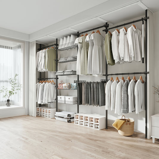 天井つっぱり ハンガーラック｜幅伸縮でクローゼット化 大容量＆省スペース 組立カンタン