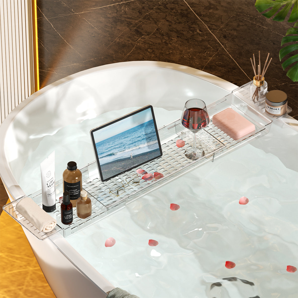 クリア バスタブトレー 伸縮｜透明感で浴室広々 スマホ・本・ドリンクをのせて“お風呂時間”をアップデート