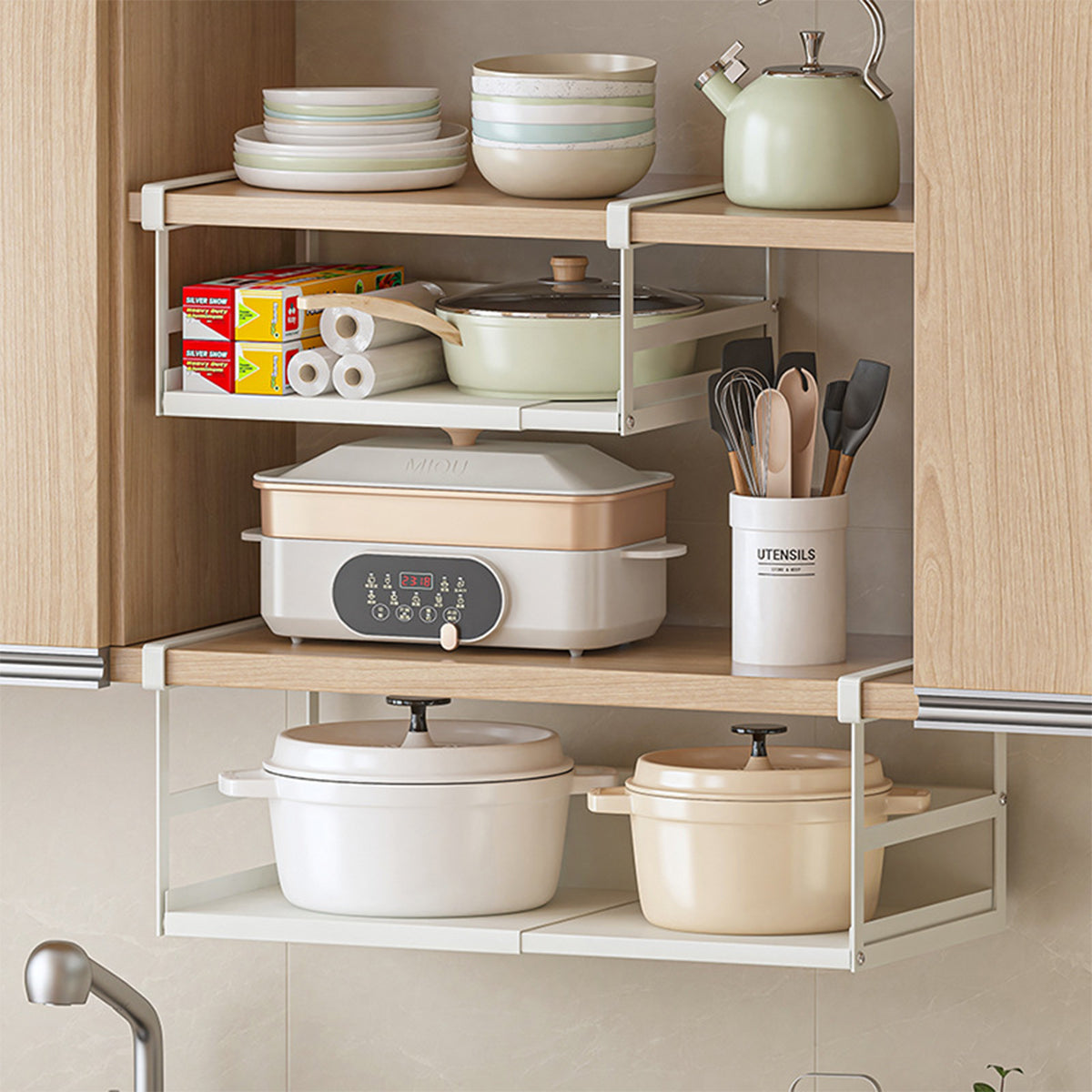 吊り下げキッチンラック 伸縮｜S/L×ロー/ハイの4タイプ 台所上を有効活用 調味料＆ツール一括収納