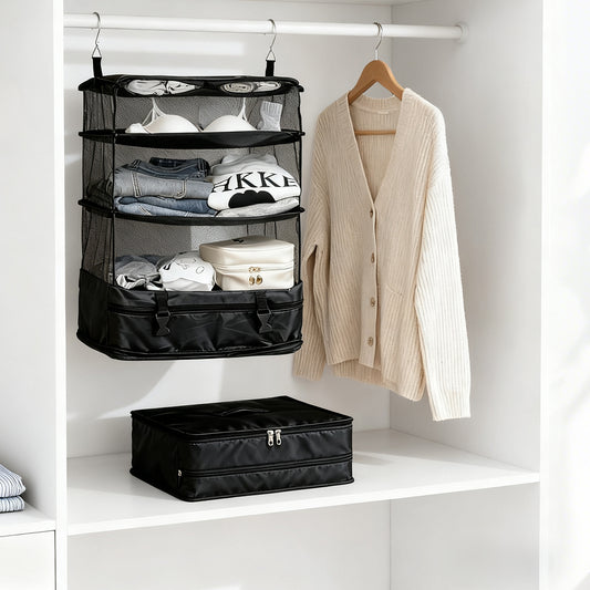 持ち運べるクローゼット｜吊り下げ×折りたたみ 2WAY 3段ハンガーポーチ 防水オックス素材 旅行・出張の時短収納
