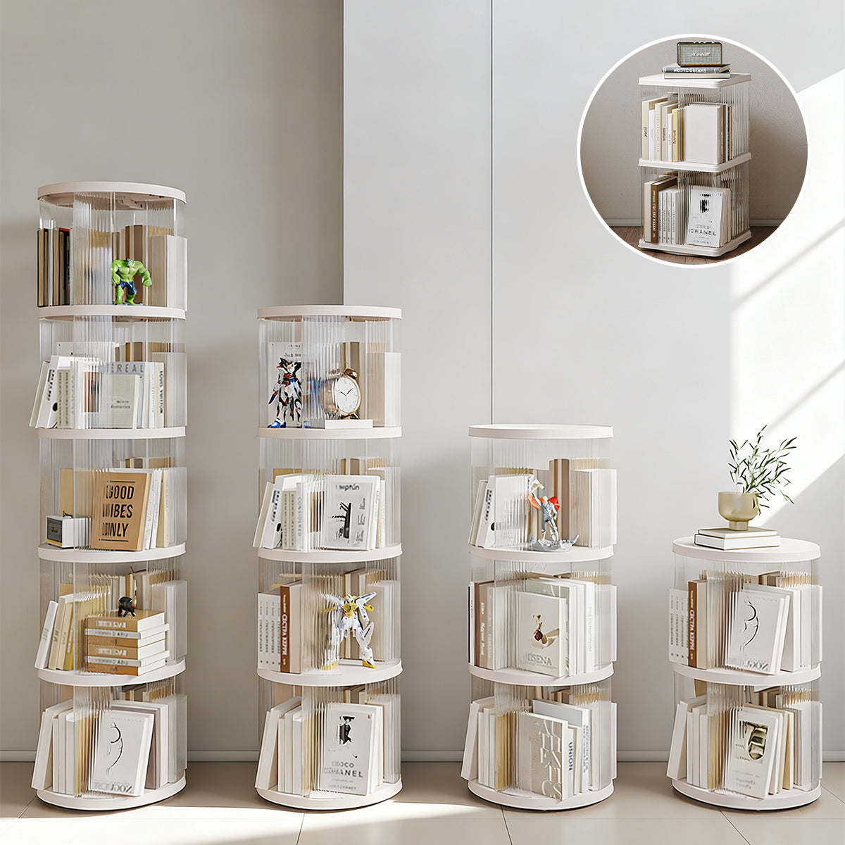 回転式本棚 ブックタワー 360度 回転ラック スリム 省スペース 2～5段選択 キャスター付き 回転ベース 丸型 四角型 透明 収納棚 コミック 絵本 雑誌 CD おもちゃ ディスプレイ 組立簡単 工具不要