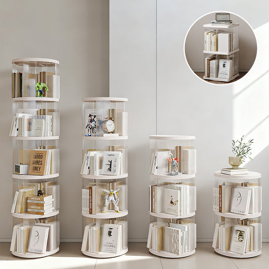 回転式本棚 ブックタワー 360度 回転ラック スリム 省スペース 2～5段選択 キャスター付き 回転ベース 丸型 四角型 透明 収納棚 コミック 絵本 雑誌 CD おもちゃ ディスプレイ 組立簡単 工具不要