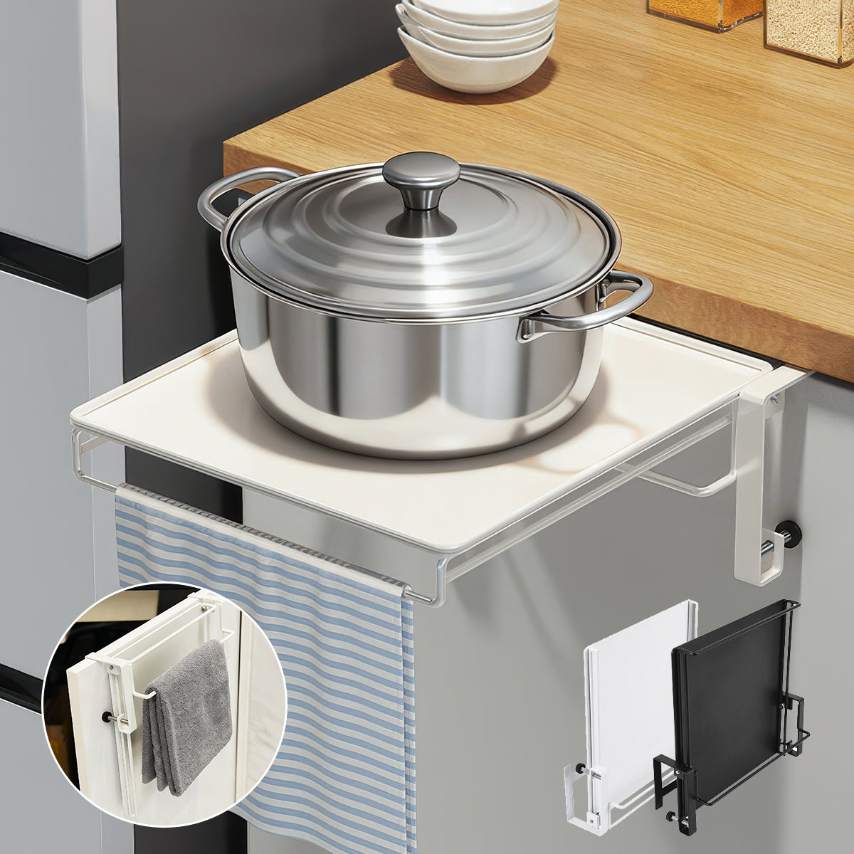 作業台になる折りたたみ式キッチンラック タオルハンガー付き 省スペースで道具すっきり整理