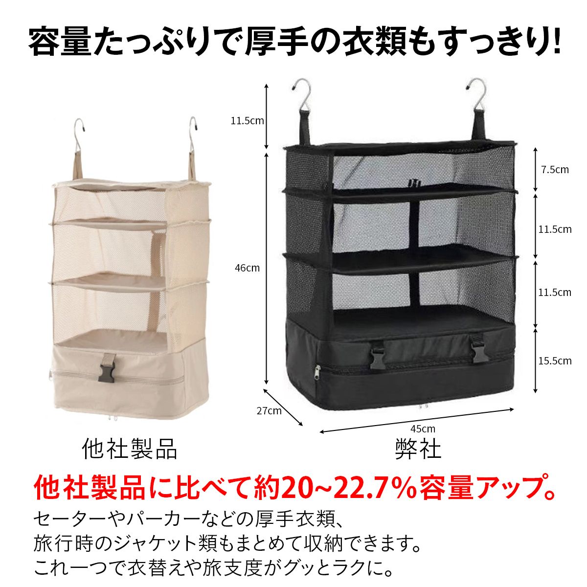 持ち運べるクローゼット｜吊り下げ×折りたたみ 2WAY 3段ハンガーポーチ 防水オックス素材 旅行・出張の時短収納
