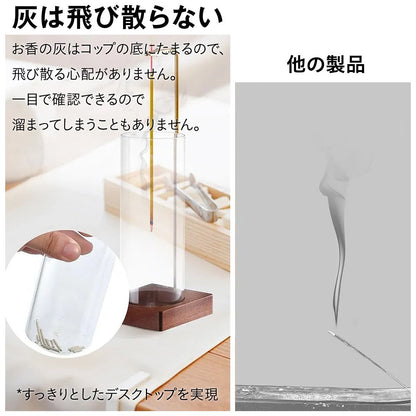お香立て 吊り下げ式お香立て 灰が飛び散らない ガラス容器 木製台座 クリップ インセンスホルダー 線香立て 灰受け 水洗いOK 卓上 インテ 14