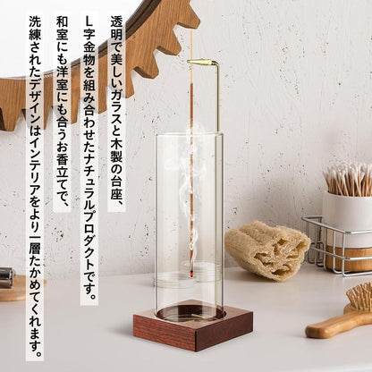 お香立て 吊り下げ式お香立て 灰が飛び散らない ガラス容器 木製台座 クリップ インセンスホルダー 線香立て 灰受け 水洗いOK 卓上 インテ 18
