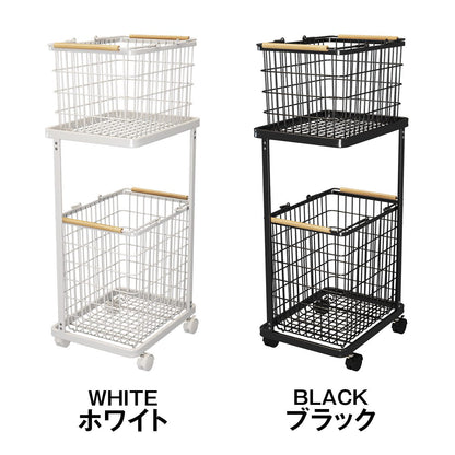 ランドリーバスケットワゴン 2段｜キャスター付きで移動ラクラク 大容量ワイヤーかご 洗面所の省スペース収納