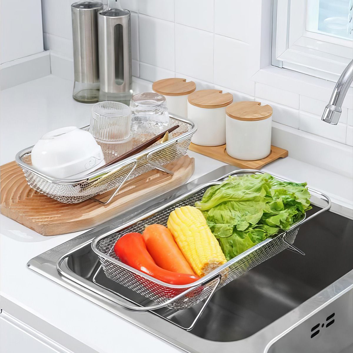 ステンレス 水切りかご｜シンク渡しタイプで作業台拡張 サビに強く清潔 省スペース乾燥