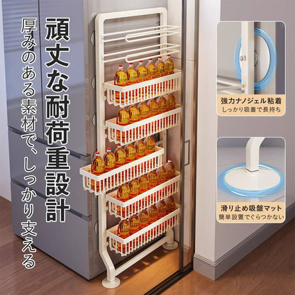 冷蔵庫横 隙間収納ラック 5段 スリム 幅約14cm キッチン収納 スライド式 大容量 省スペース 調味料ラック 野菜ストッカー 洗面所 ランドリー対応 ホワイト ブラック スリム収納 冷蔵庫横収納 21