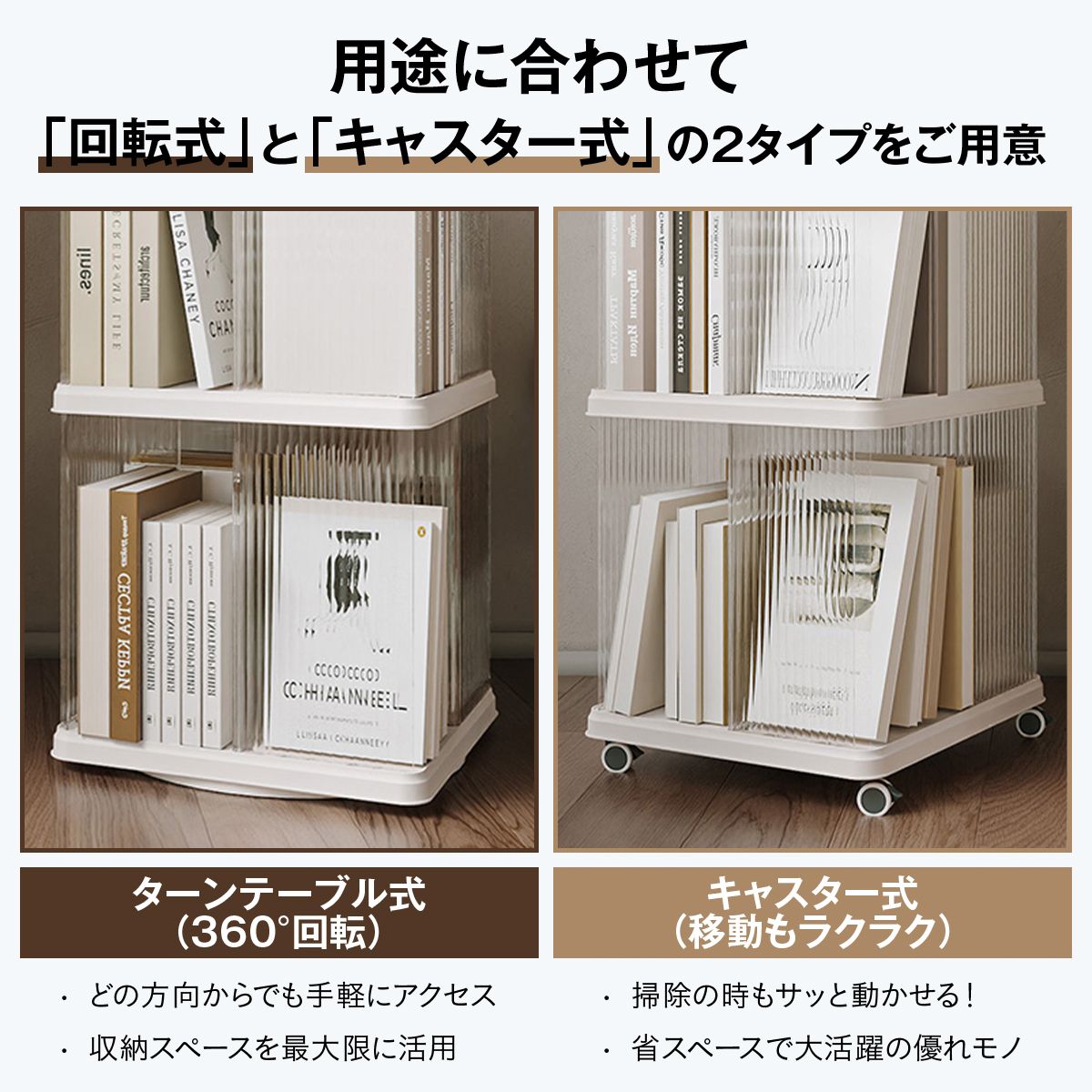 回転式本棚 ブックタワー 360度 回転ラック スリム 省スペース 2〜5段選択 キャスター付き 回転ベース 丸型 四角型 透明 収納棚 コミック 絵 37