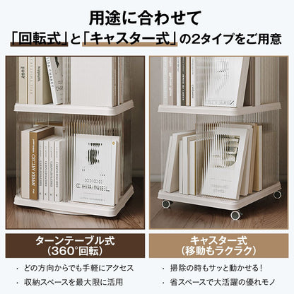 回転式本棚 ブックタワー 360度 回転ラック スリム 省スペース 2〜5段選択 キャスター付き 回転ベース 丸型 四角型 透明 収納棚 コミック 絵 37