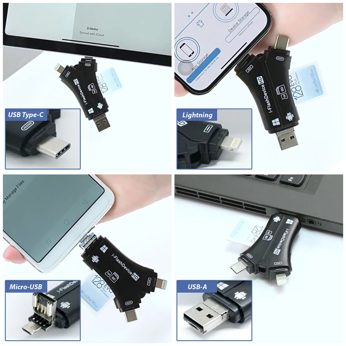 4in1 カードリーダー SDカードリーダー Micro SD対応 バックアップ iPhoneデータ移行 Androidデータ移行 Lightning Type-C USB-A Mic 22
