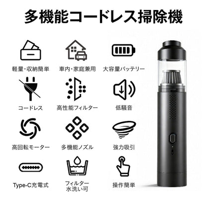 コードレスハンディクリーナー 掃除機 車載掃除機 ハンディ掃除機 200W 強力吸引 340g 軽量 Type-C充電 2段階モード 高密度フィルター水洗い ノズル付 すき間掃除 送風ノズル 車内 家庭兼用 ペ 21