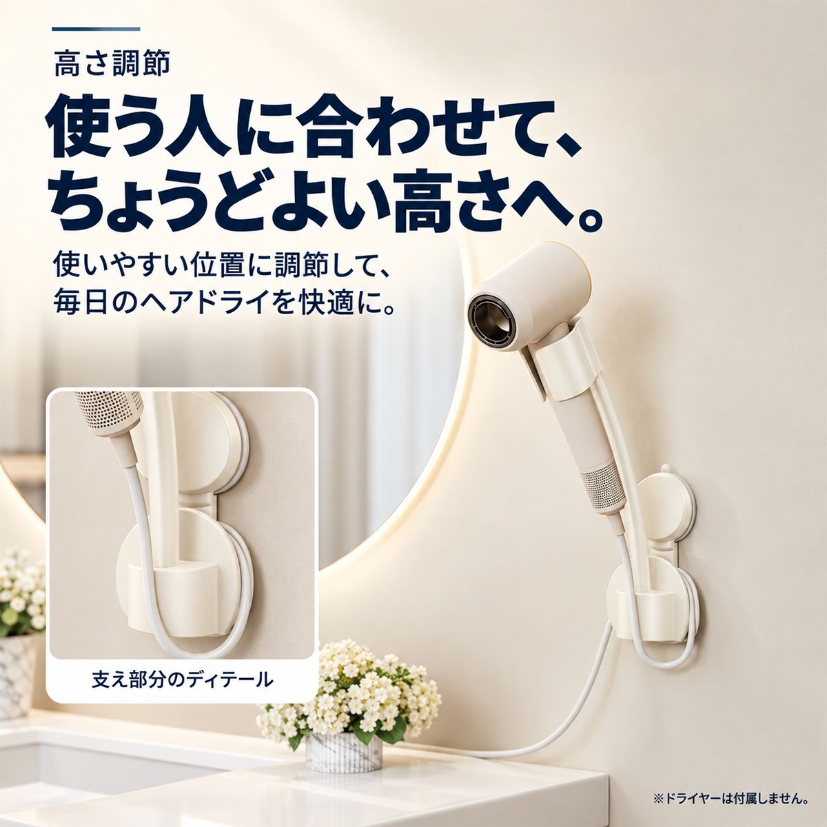 吸盤式ドライヤーホルダー｜高さと角度を調節して洗面所で両手を使えるヘアドライ 6