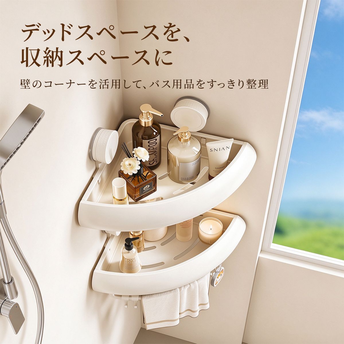 浴室コーナーラック 吸盤式｜穴あけ不要でバス用品をすっきり収納 3