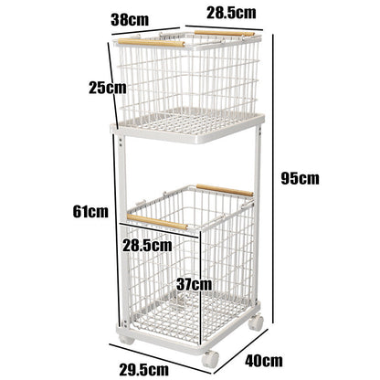 ランドリーバスケットワゴン 2段｜キャスター付きで移動ラクラク 大容量ワイヤーかご 洗面所の省スペース収納