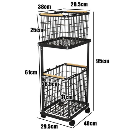 ランドリーバスケットワゴン 2段｜キャスター付きで移動ラクラク 大容量ワイヤーかご 洗面所の省スペース収納